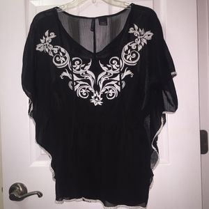 Sheer Cinched Blouse with Batwing Sleeves